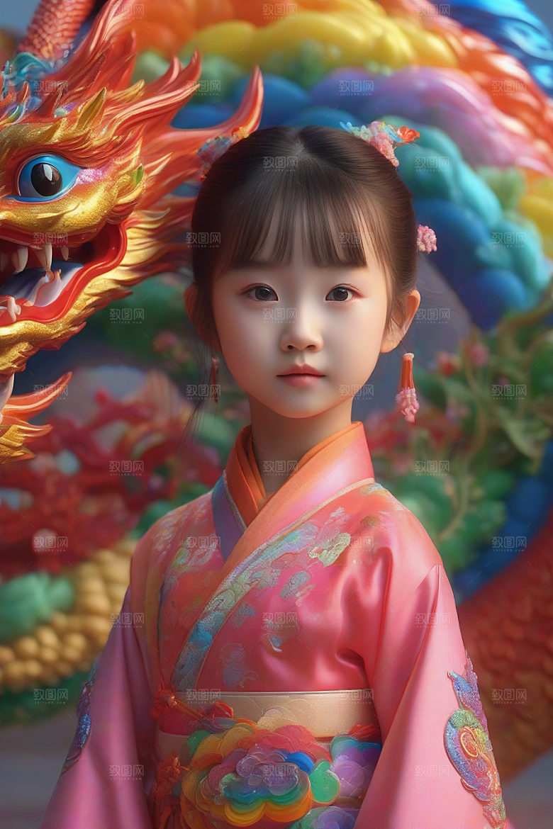 童话中的绚丽彩虹龙与中国小女孩的奇遇