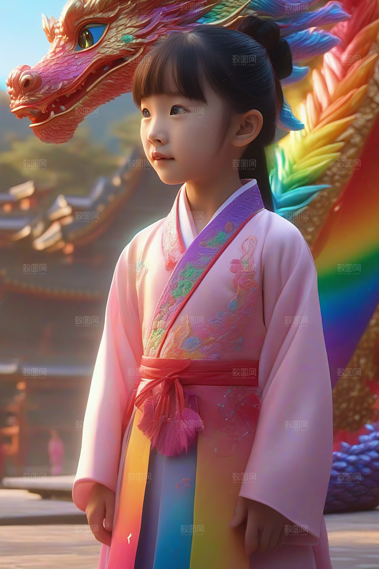 童话中的绚丽彩虹龙与中国小女孩的奇遇