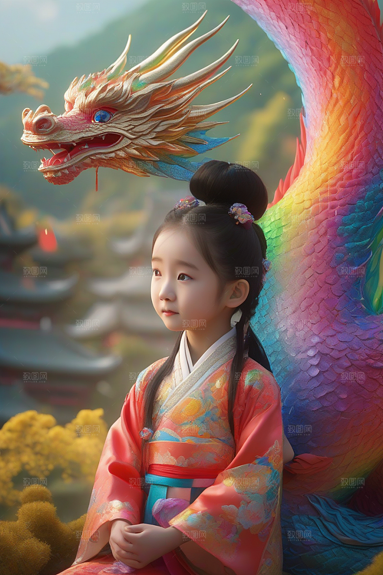 童话中的绚丽彩虹龙与中国小女孩的奇遇