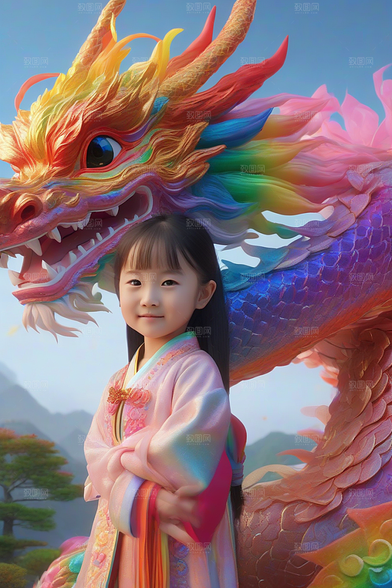 童话中的绚丽彩虹龙与中国小女孩的奇遇