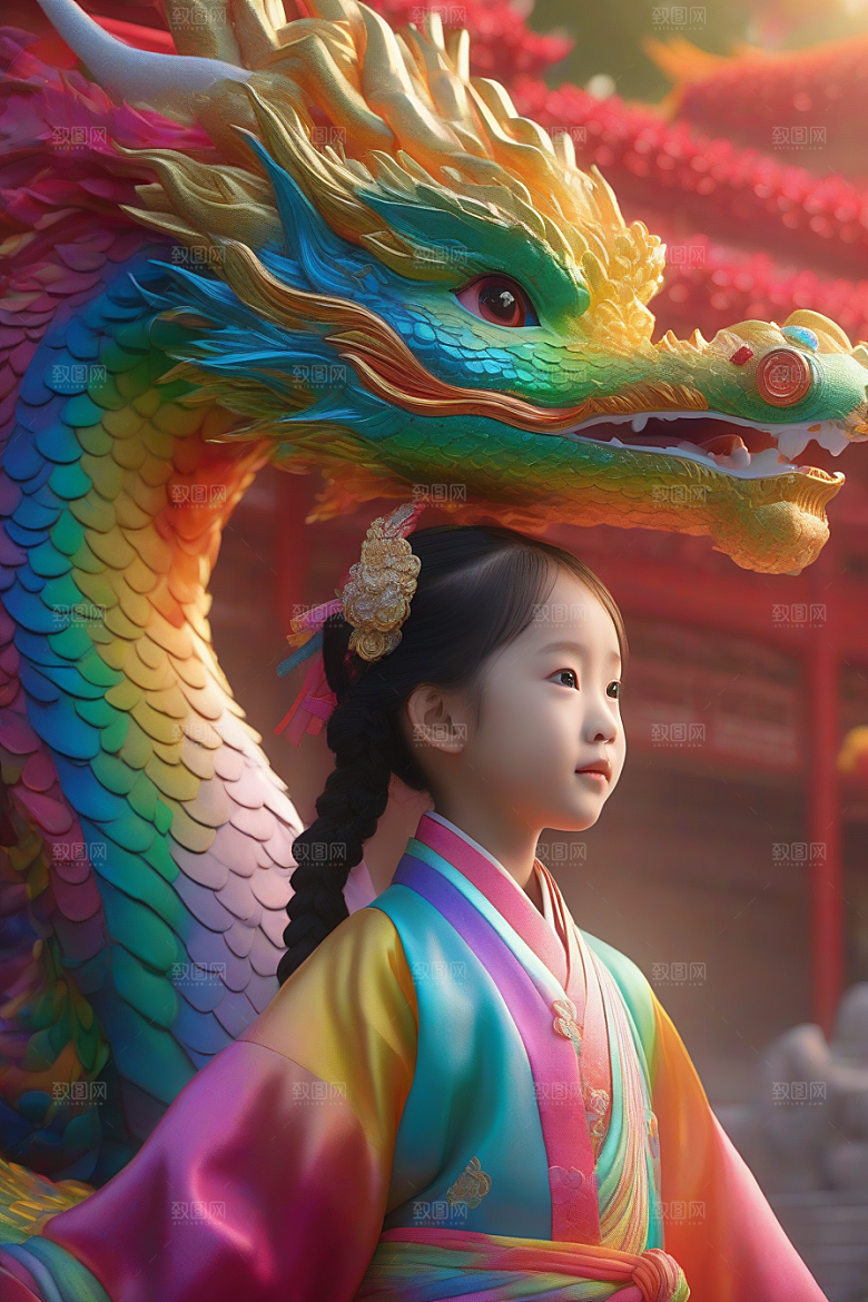 童话中的绚丽彩虹龙与中国小女孩的奇遇