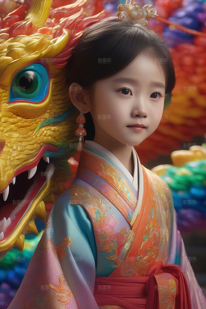 童话中的绚丽彩虹龙与中国小女孩的奇遇