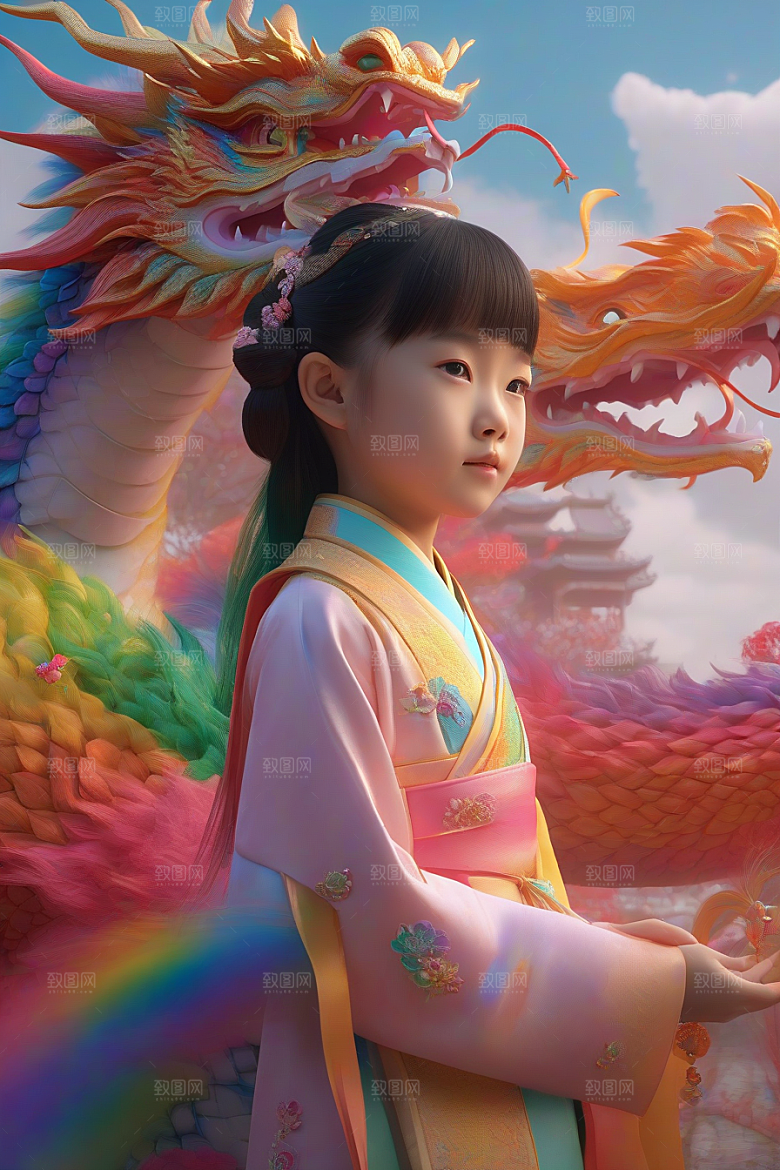 绚丽彩虹龙的奇幻冒险与小女孩的成长