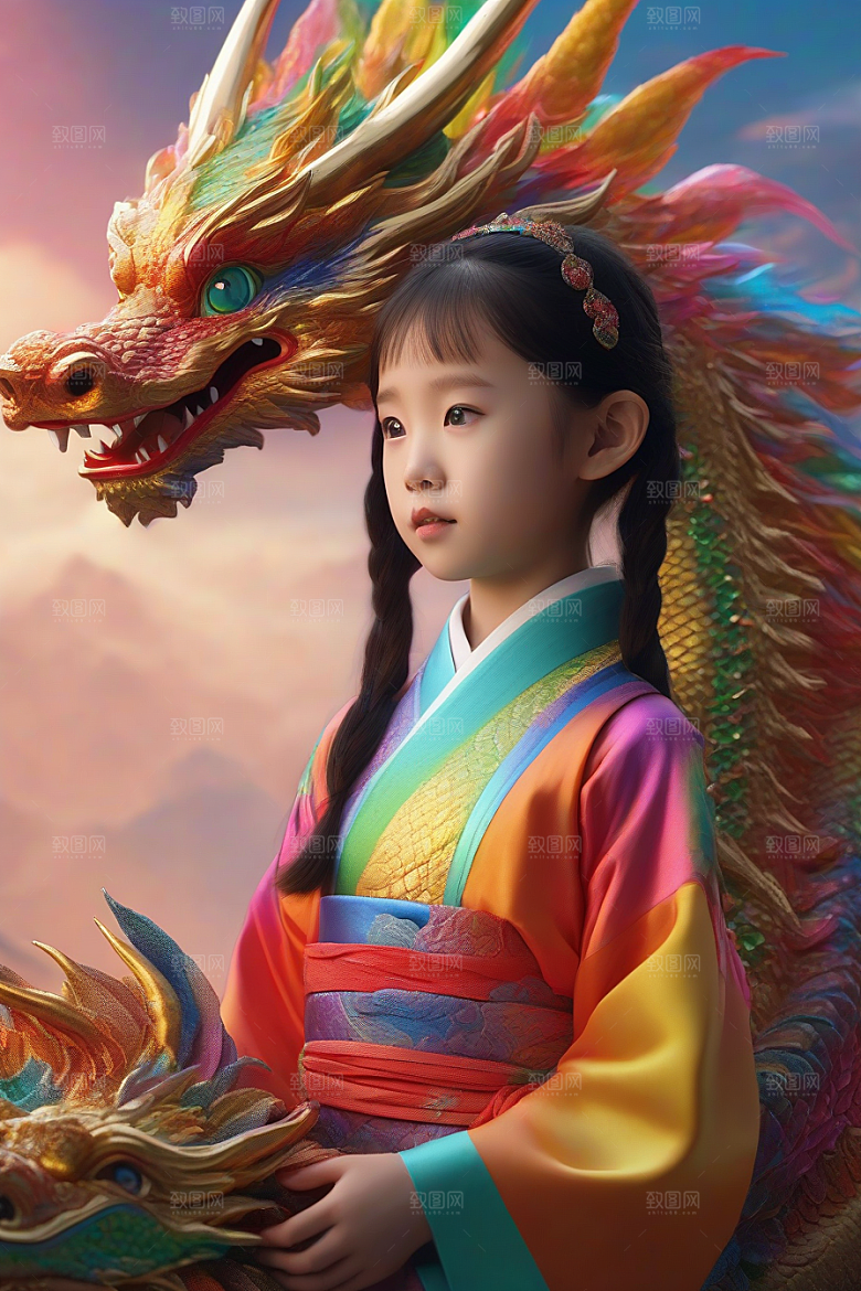 童话世界中的绚丽彩虹龙与中国小女孩