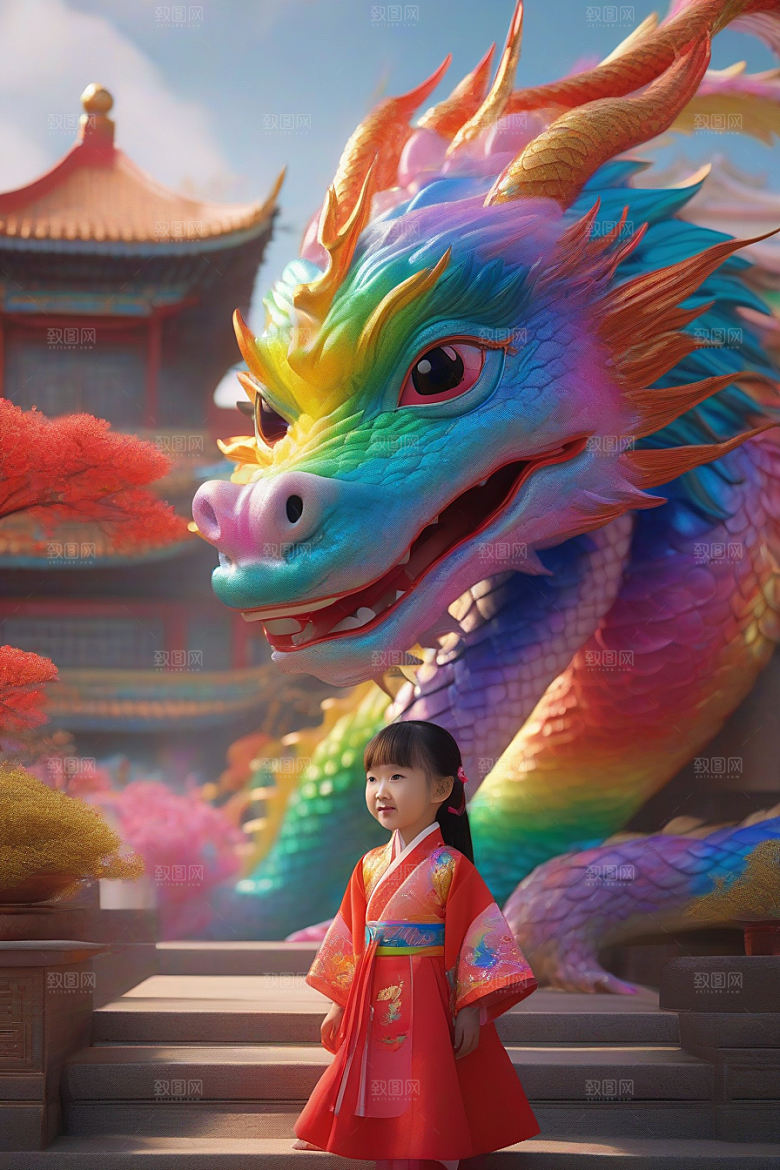 童话世界中的绚丽彩虹龙与中国小女孩