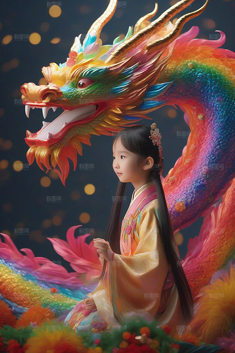 童话世界中的绚丽彩虹龙与中国小女孩