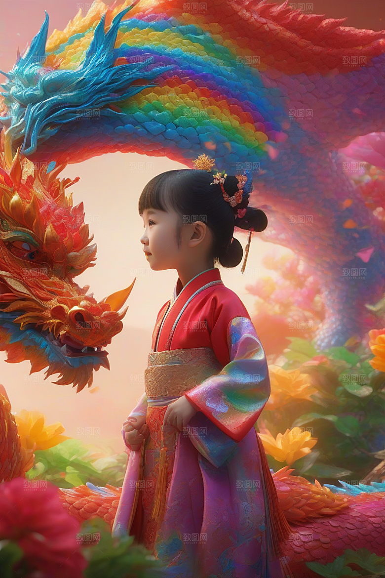 童话世界中的绚丽彩虹龙与中国小女孩