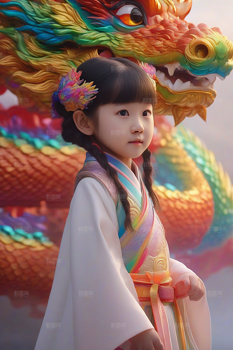 童话世界中的绚丽彩虹龙与中国小女孩