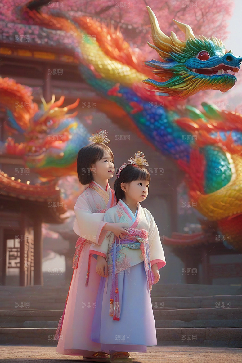 童话世界中的绚丽彩虹龙与中国小女孩