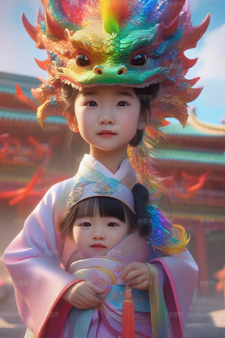 童话世界中的绚丽彩虹龙与中国小女孩