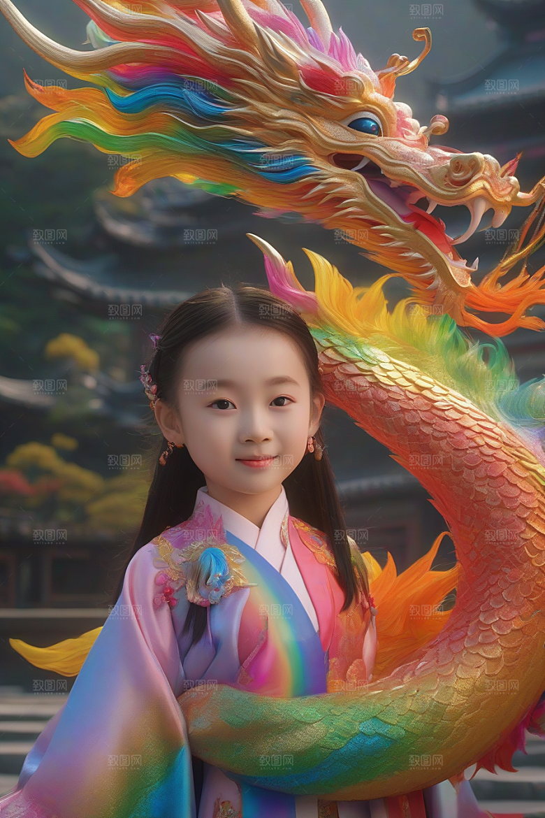 童话世界中的绚丽彩虹龙与中国小女孩