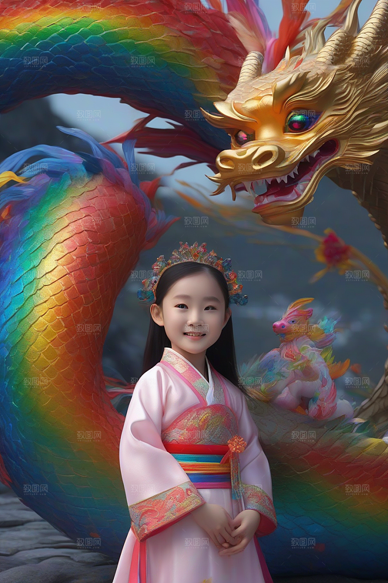 童话世界中的绚丽彩虹龙与中国小女孩