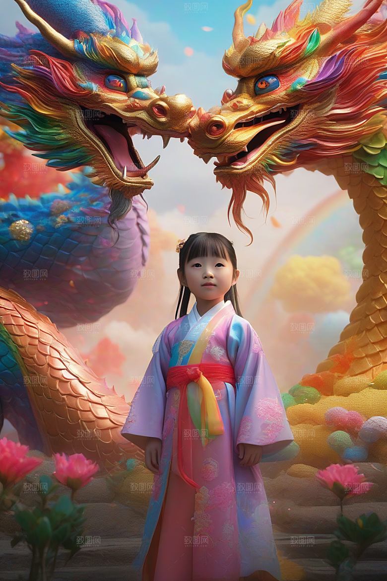 童话世界中的绚丽彩虹龙与中国小女孩