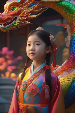 童话世界中的绚丽彩虹龙与中国小女孩
