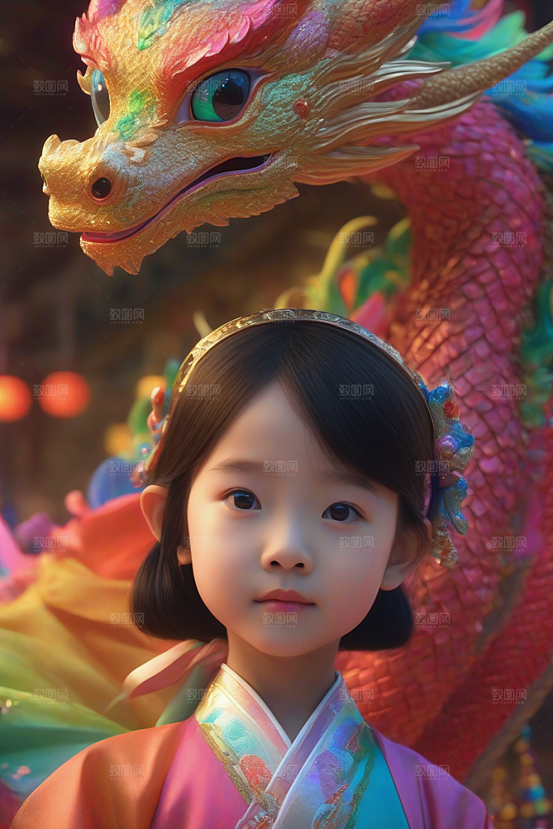 童话世界中的绚丽彩虹龙与中国小女孩