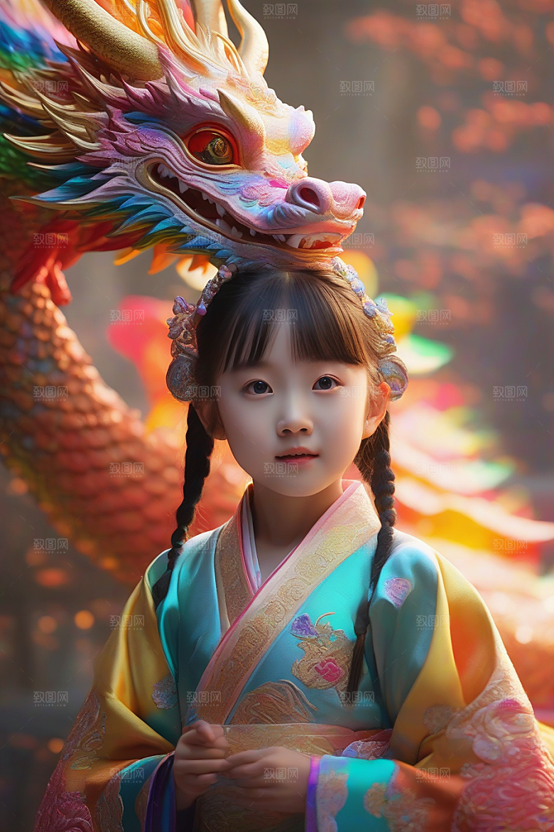 童话世界中的绚丽彩虹龙与中国小女孩