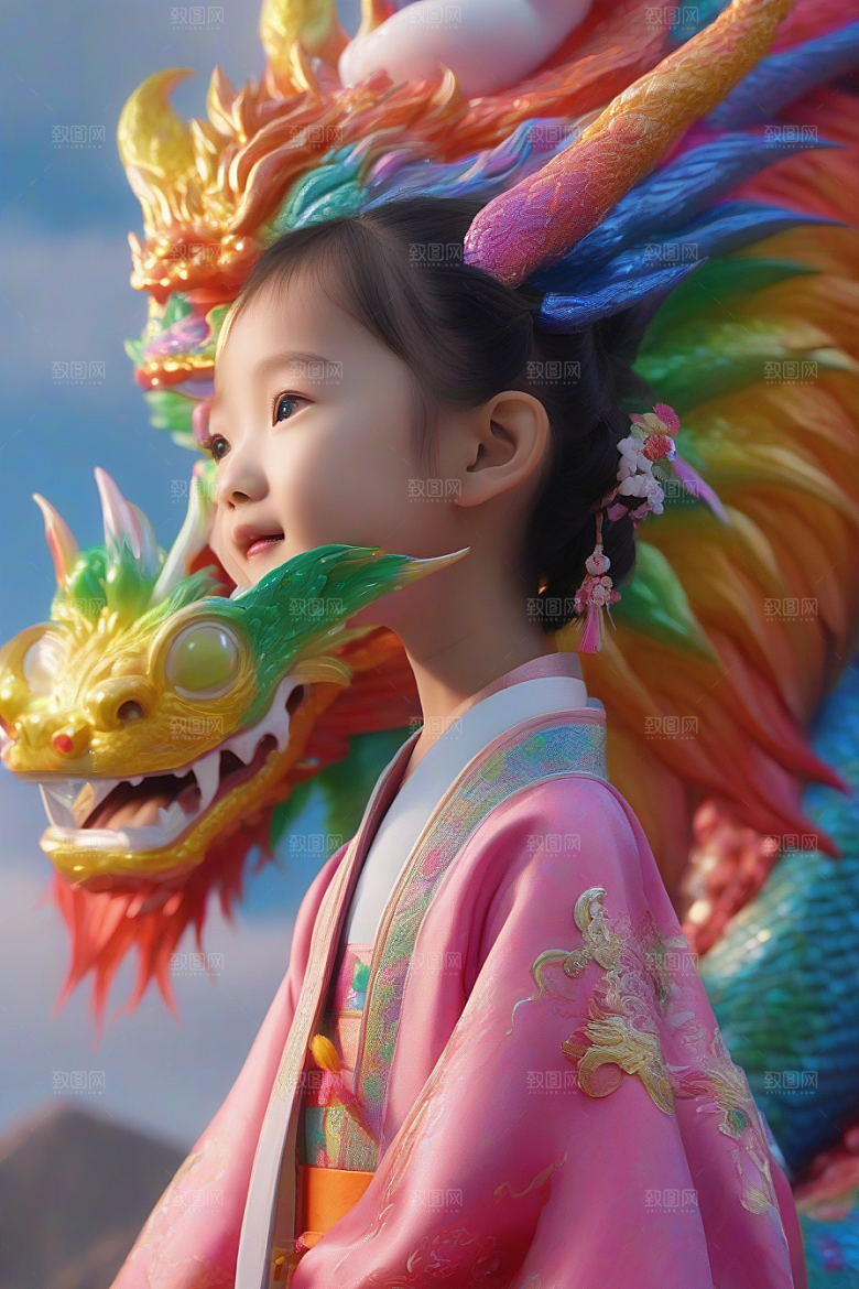 童话世界中的绚丽彩虹龙与中国小女孩