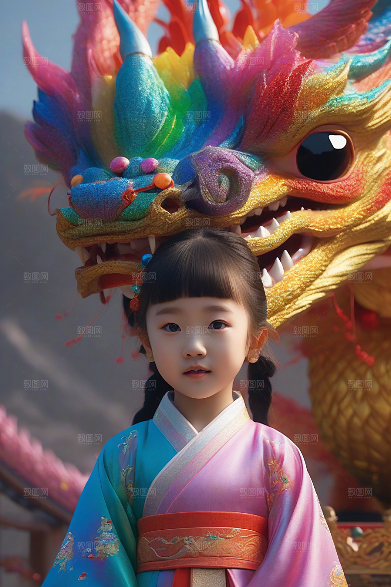 童话世界中的绚丽彩虹龙与中国小女孩