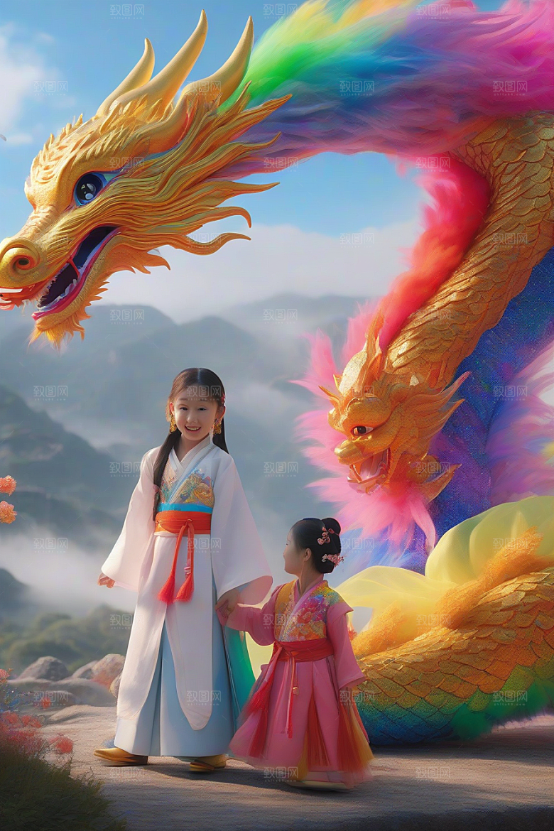童话世界中的绚丽彩虹龙与中国小女孩