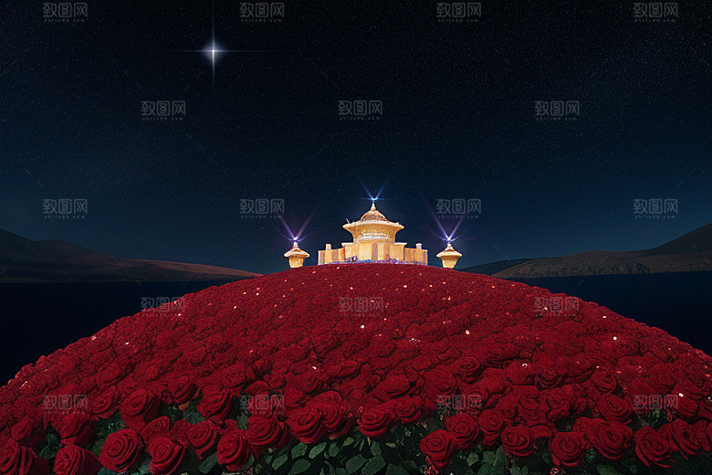 广角梦幻宝石红玫瑰与星空