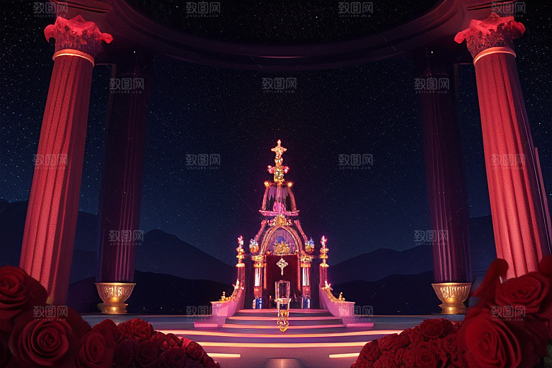 广角梦幻宝石红玫瑰与星空