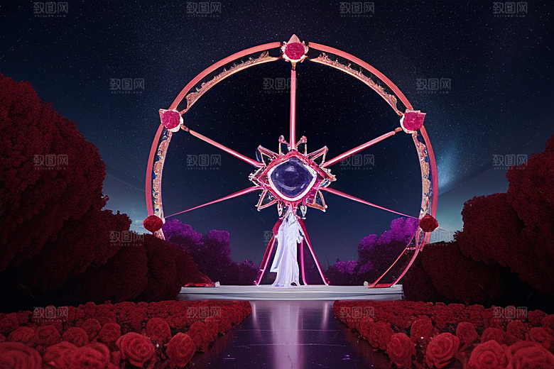 广角梦幻宝石红玫瑰与星空
