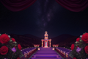 广角梦幻宝石红玫瑰与星空