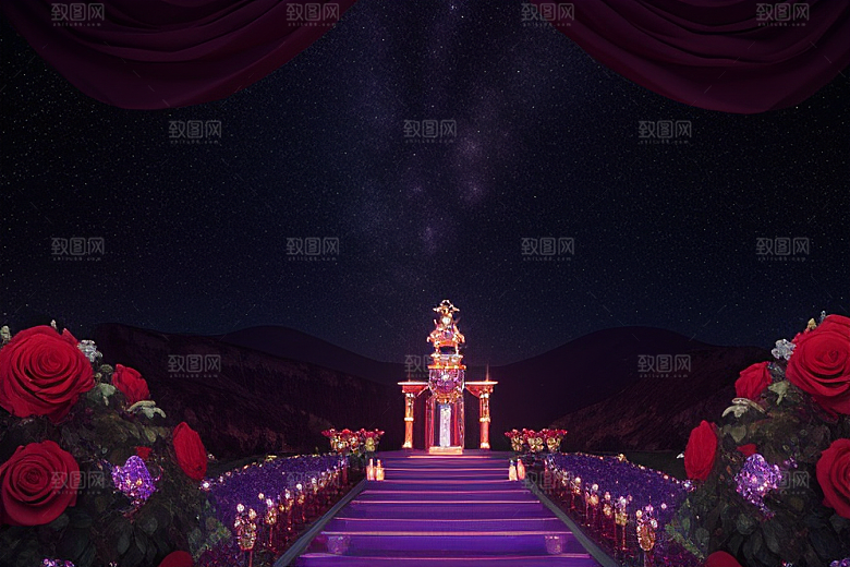 广角梦幻宝石红玫瑰与星空