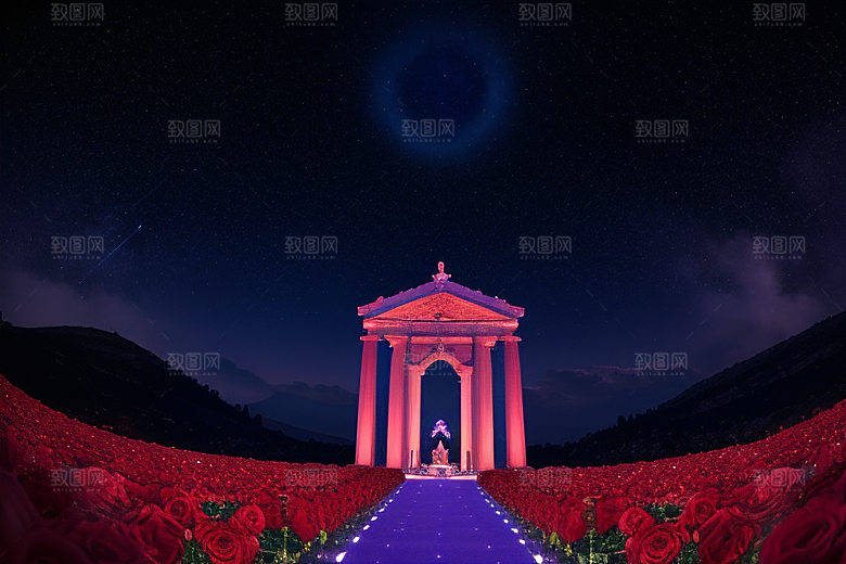 广角梦幻宝石红玫瑰与星空