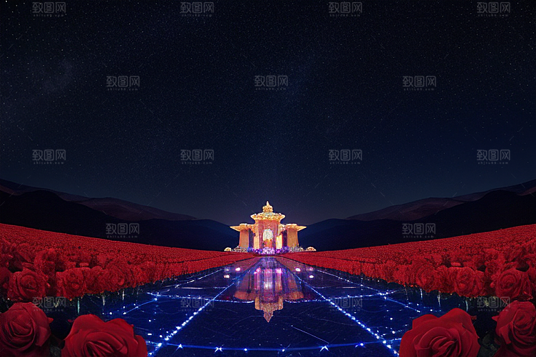 广角梦幻宝石红玫瑰与星空