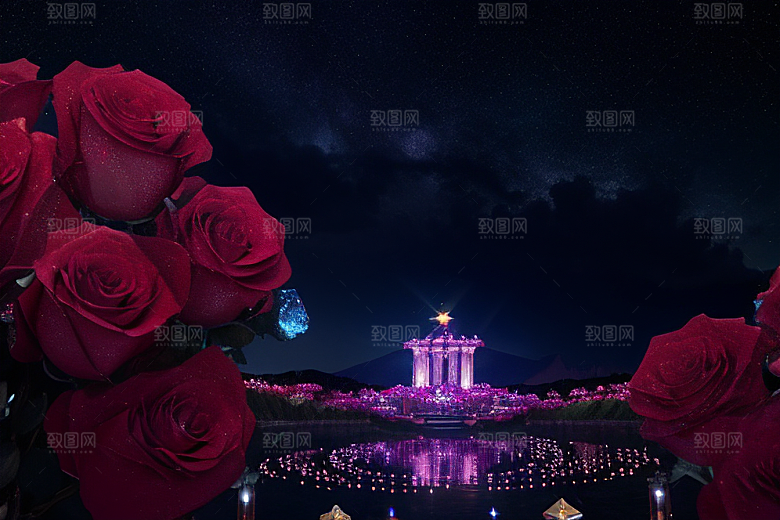 广角梦幻宝石红玫瑰与星空
