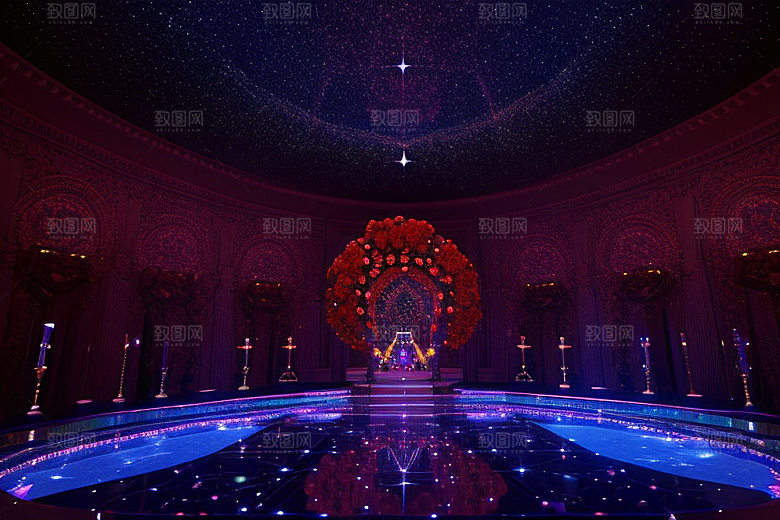广角梦幻宝石红玫瑰与星空