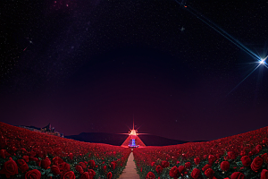 广角梦幻宝石红玫瑰与星空