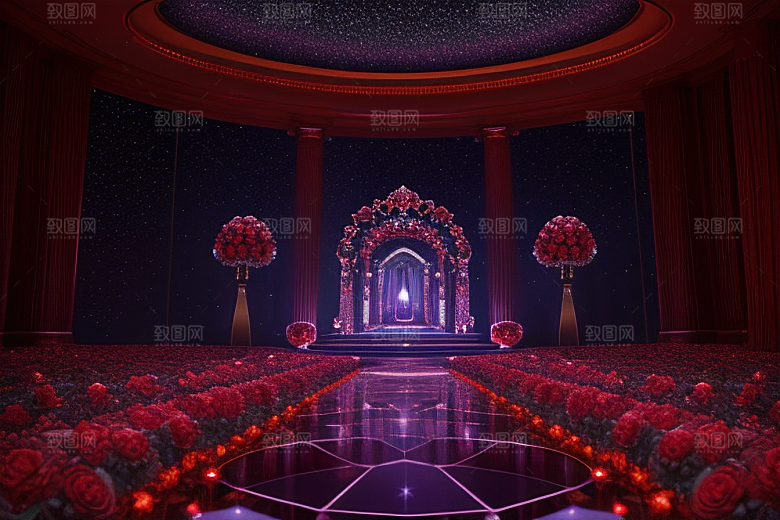 广角梦幻宝石红玫瑰与星空
