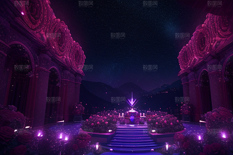 广角梦幻宝石红玫瑰与星空