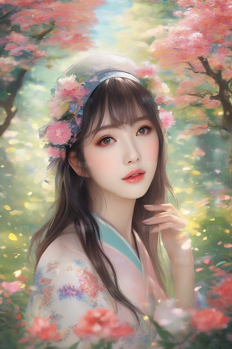 梦幻般的美丽美丽女子与绚丽背景的完美融合