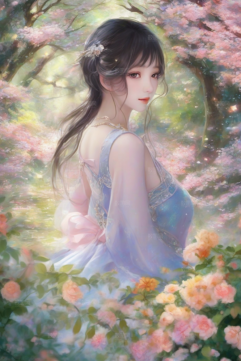 绚丽背景下的美丽女子光芒四射