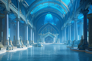 光蓝色的亚特兰蒂斯水晶宫殿史诗级油画