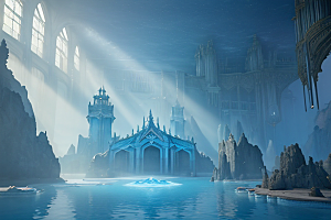 亚特兰蒂斯水晶宫殿海洋中的光蓝色奇观