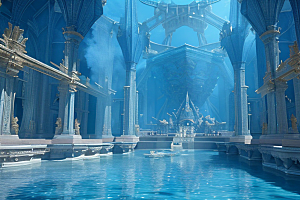 亚特兰蒂斯水晶宫殿海洋中的光蓝色奇观