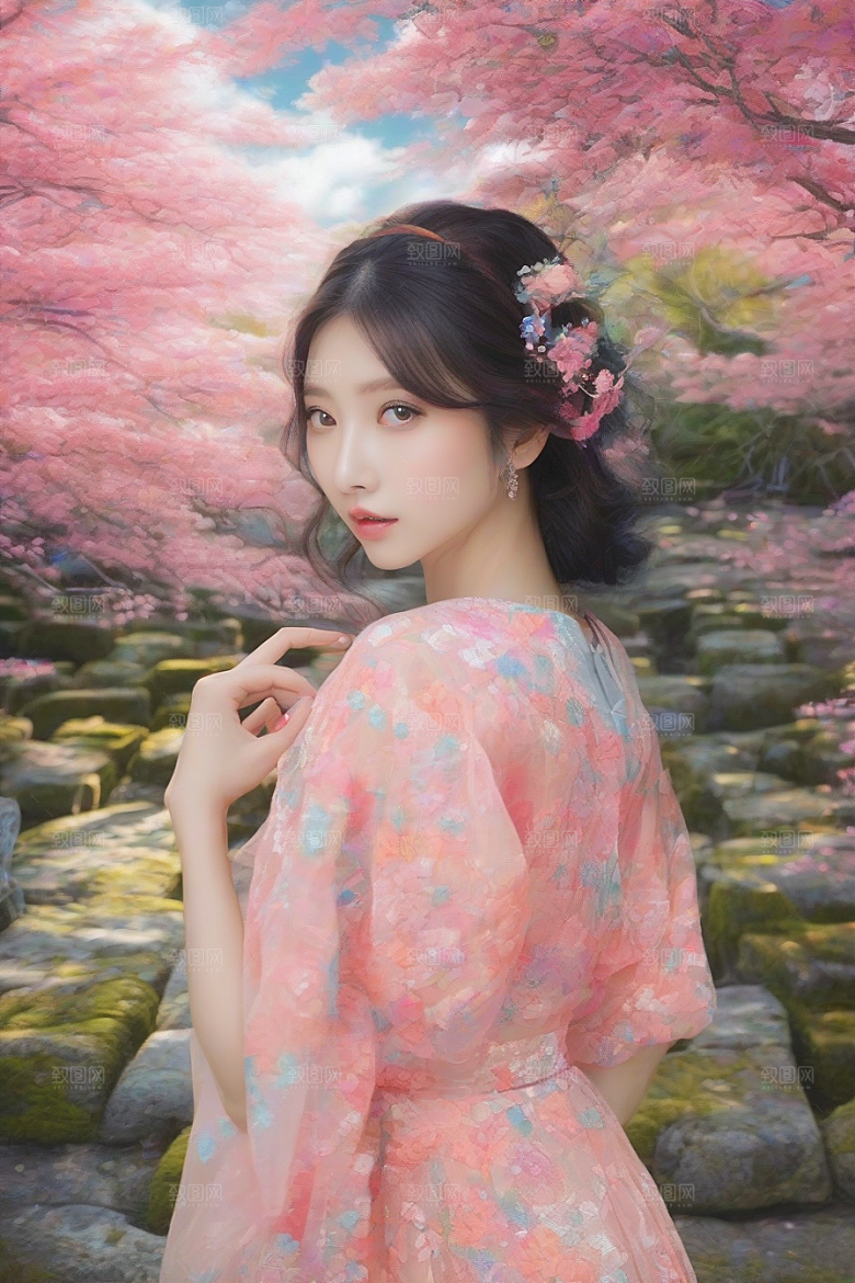美丽少女独享绚丽背景的魅力瞬间
