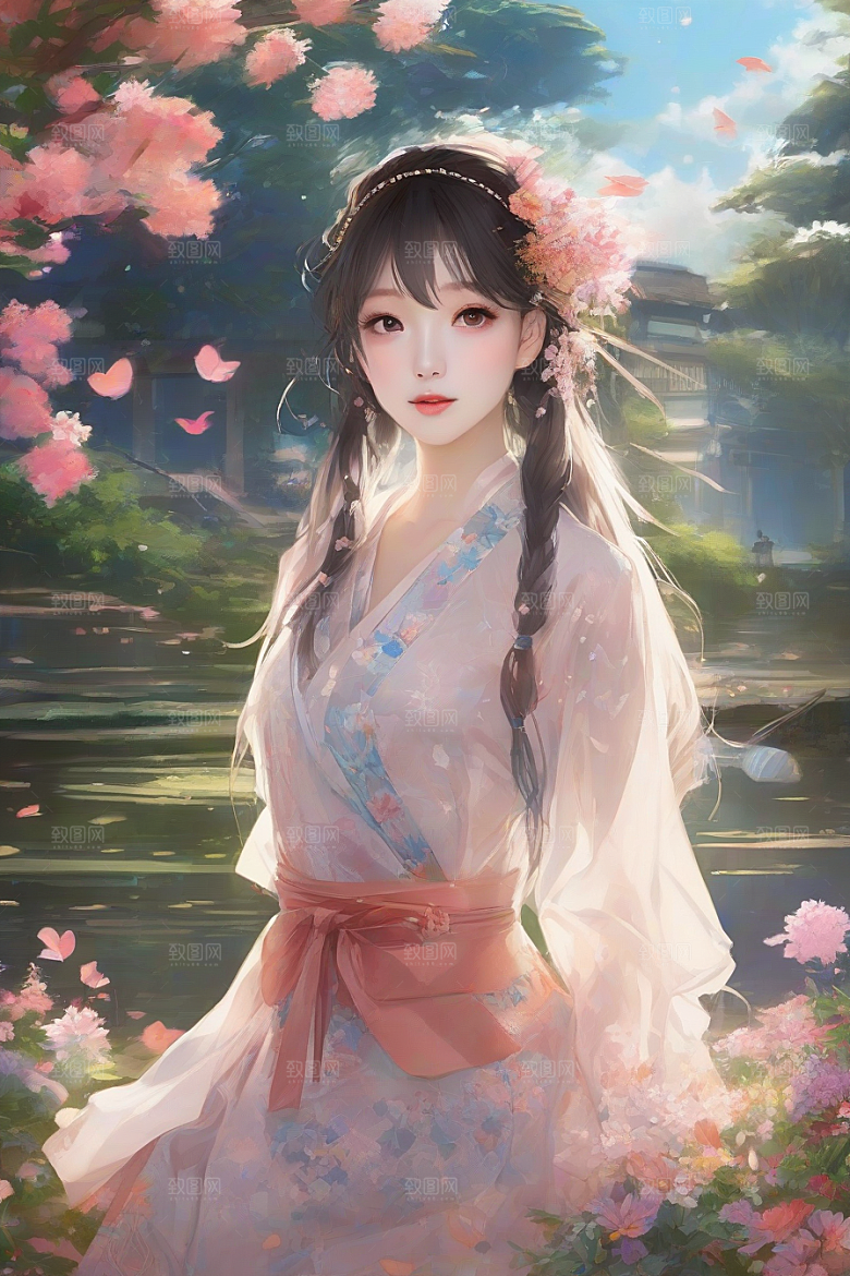 美丽少女独享绚丽背景的魅力瞬间