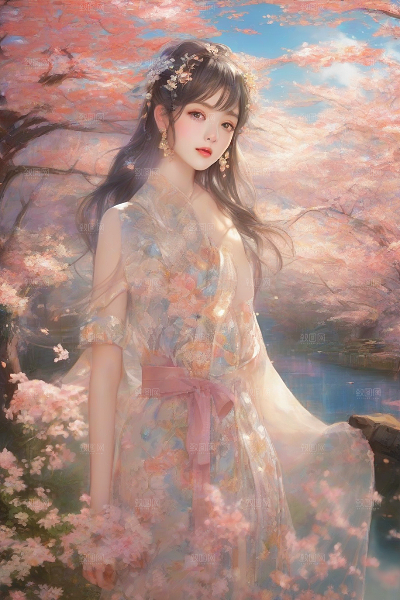 美丽少女独享绚丽背景的魅力瞬间