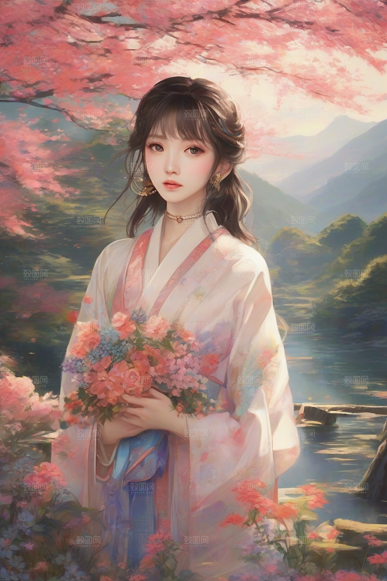 美丽少女独享绚丽背景的魅力瞬间