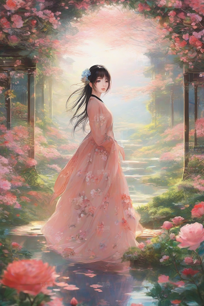美丽少女独享绚丽背景的魅力瞬间
