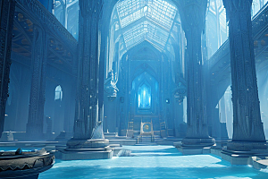 海底世界的水晶宫殿光蓝色下的壮丽cg油画