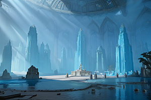 光蓝色下的亚特兰蒂斯水晶宫殿cg油画