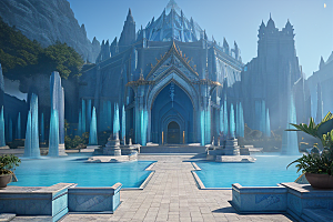 光蓝色下的亚特兰蒂斯水晶宫殿史诗级景象