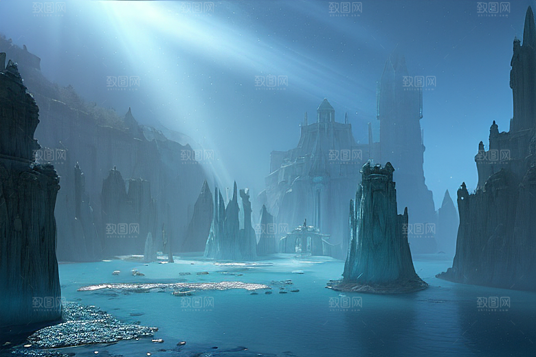 光蓝色下的亚特兰蒂斯水晶宫殿史诗级景象