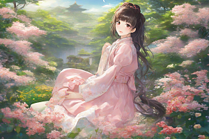迷人少女独享绚丽背景的华美时刻